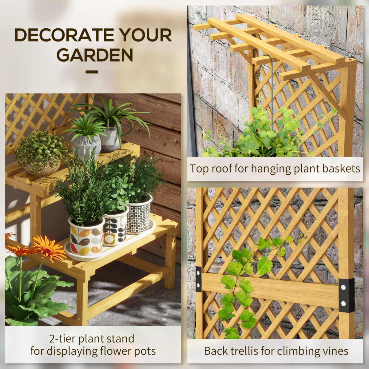 Outsunny Wooden Plant Stand with Trellis, 2-Tier Fir Wood Shelf for Climbing Plants