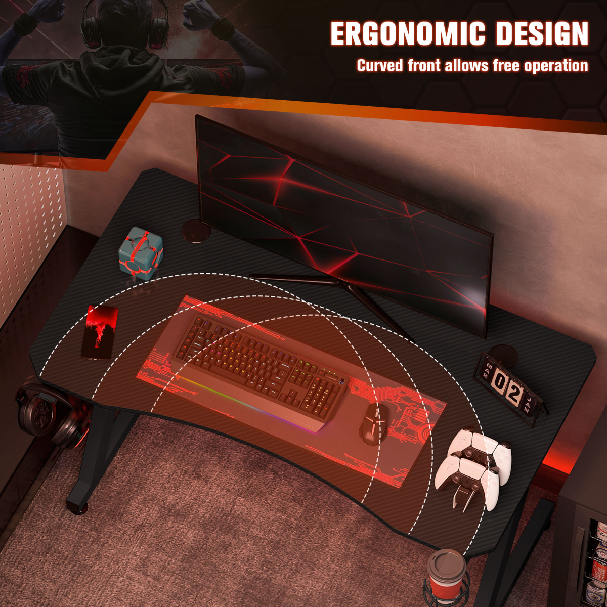 Gaming Desk Steel Frame with Cup Holder, Headphone Hook, Cable Organizer, Adjustable Feet, Black