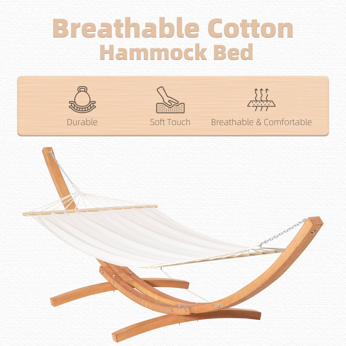 Outsunny Outdoor Garden Hammock with Wooden Stand, Curved Wooden Frame, Wide Cotton Hanging Bed, White