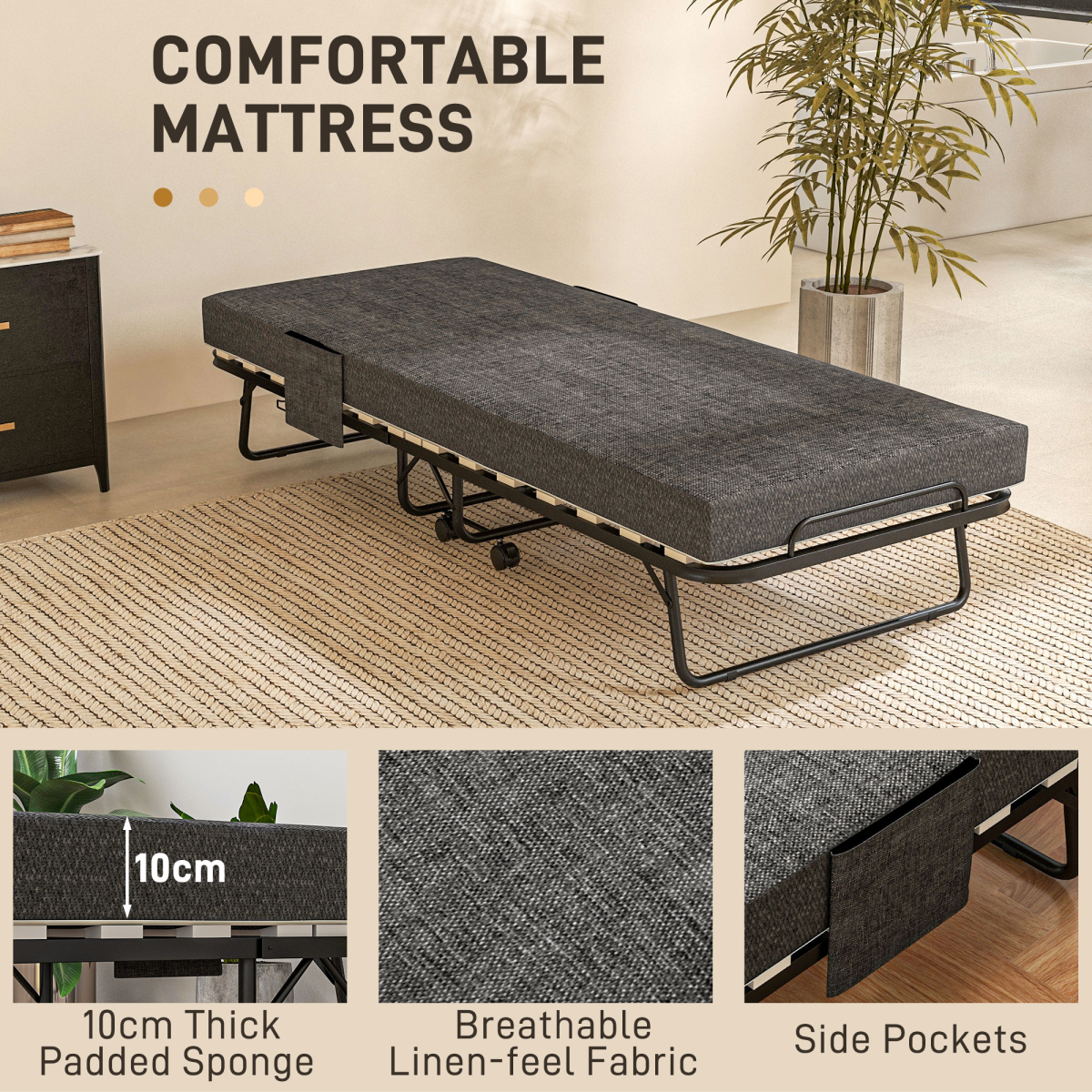 HOMCOM Foldable Guest Bed with Mattress, Lockable Wheels, Dark Grey