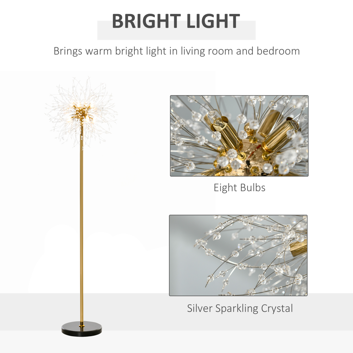 HOMCOM Modern Gold Tone Crystal Floor Lamp with Foot Switch