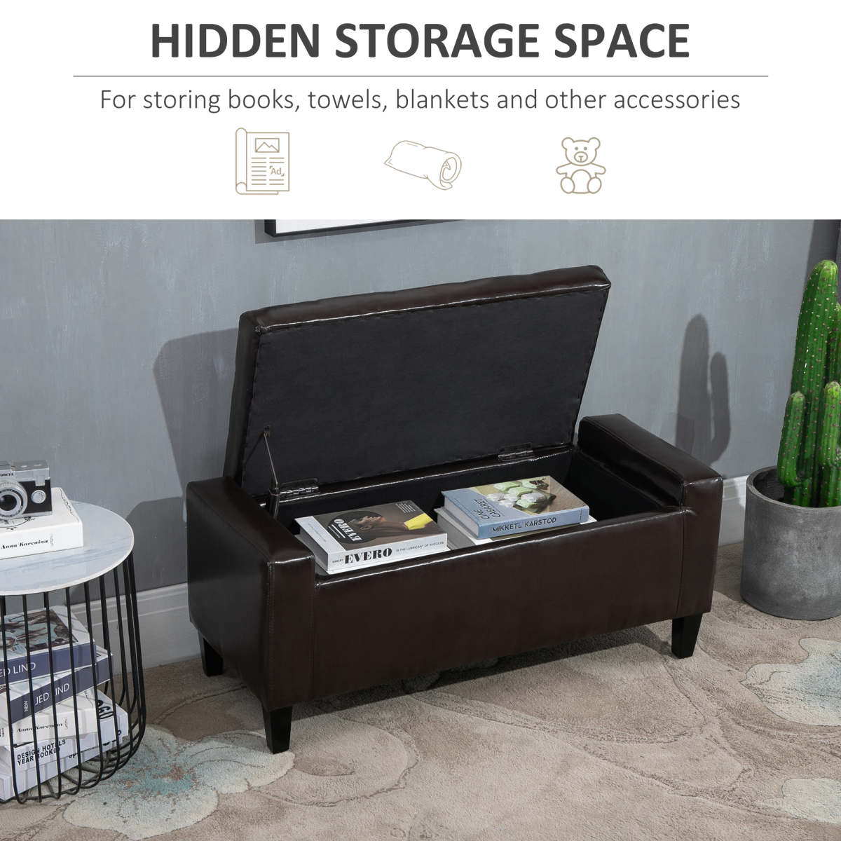 HOMCOM Tufted Faux Leather Storage Ottoman Bench, Padded Seat
