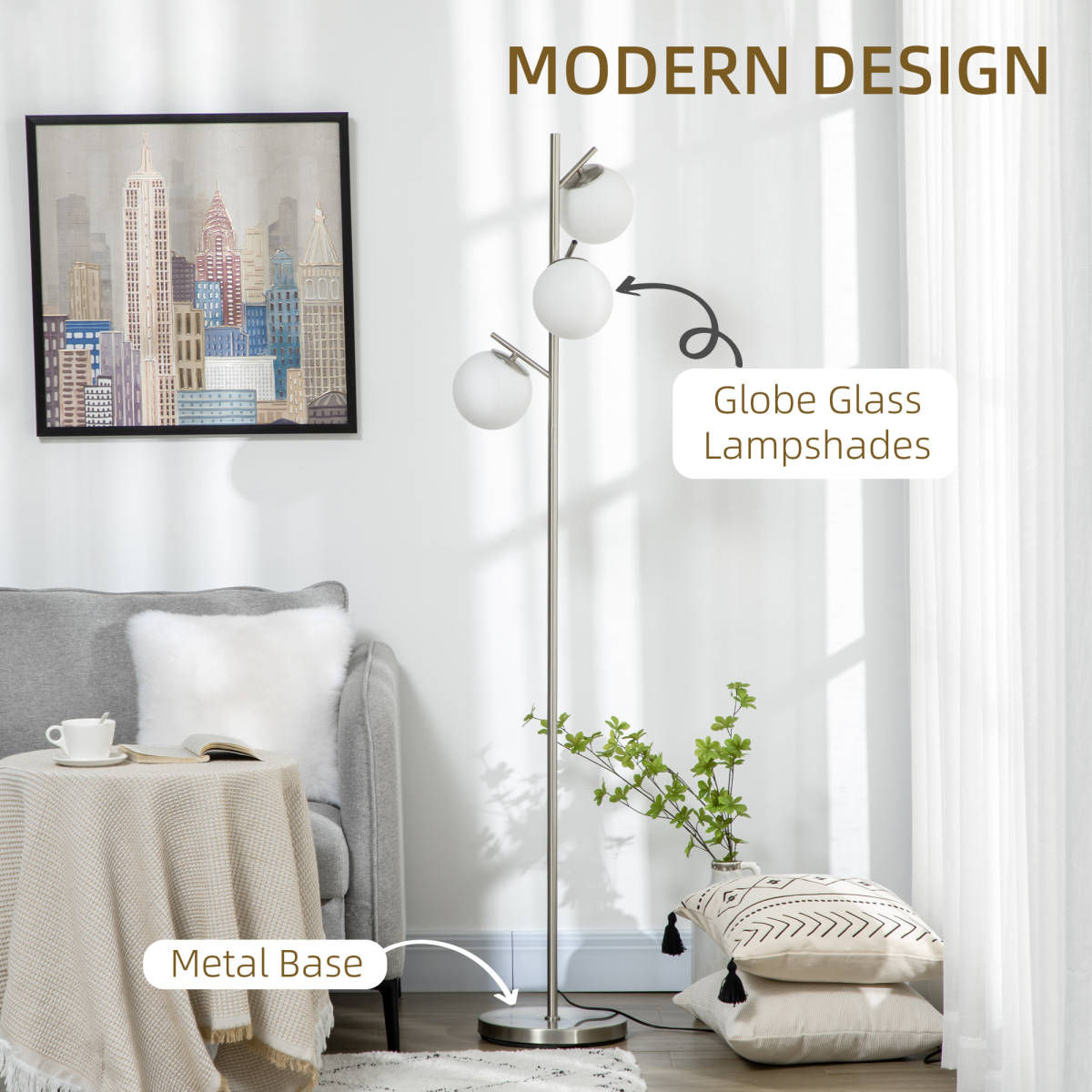 Modern 3-Light Silver Tree Floor Lamp with Globe Shades