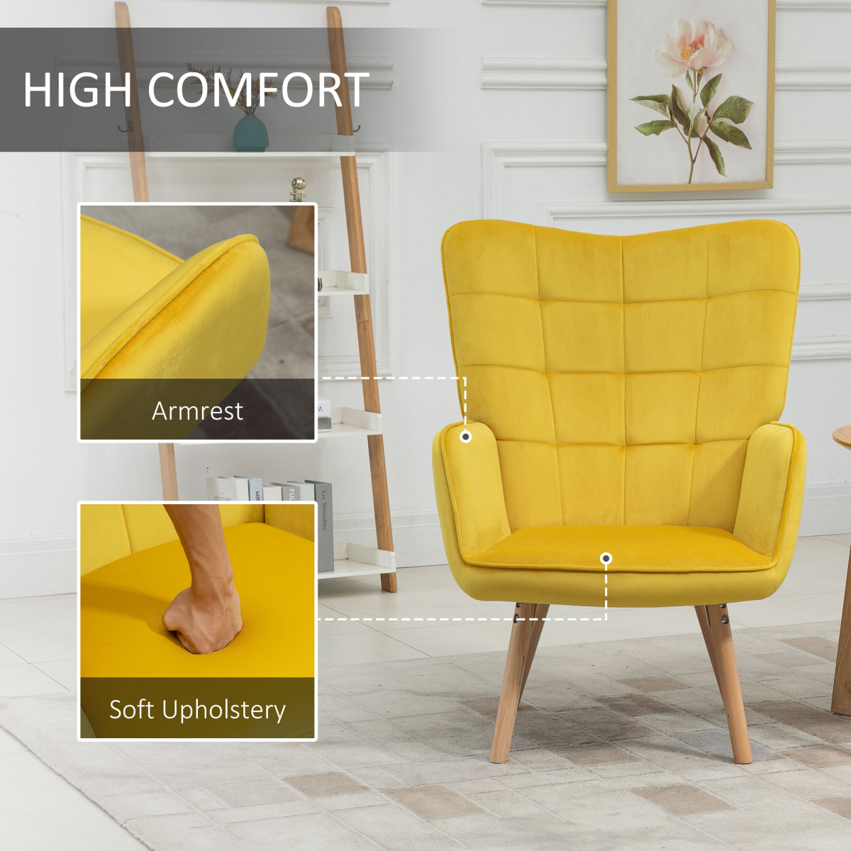 HOMCOM Modern Velvet-Touch Tufted Wingback Accent Chair with Wooden Legs