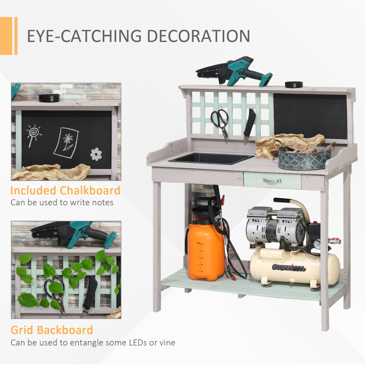 Outsunny Outdoor Solid Fir Wood Potting Table Bench with Sink, Blackboard, Drawer and Slatted Shelf