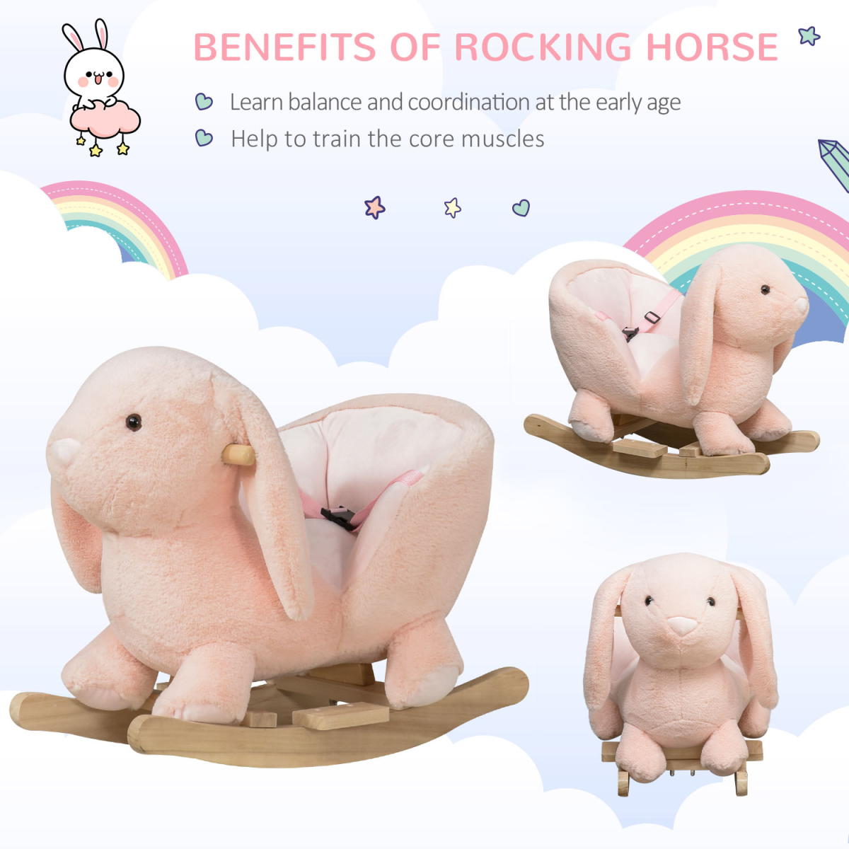 Kids Plush Rocking Rabbit with Sound, Seat Belt & Handlebars