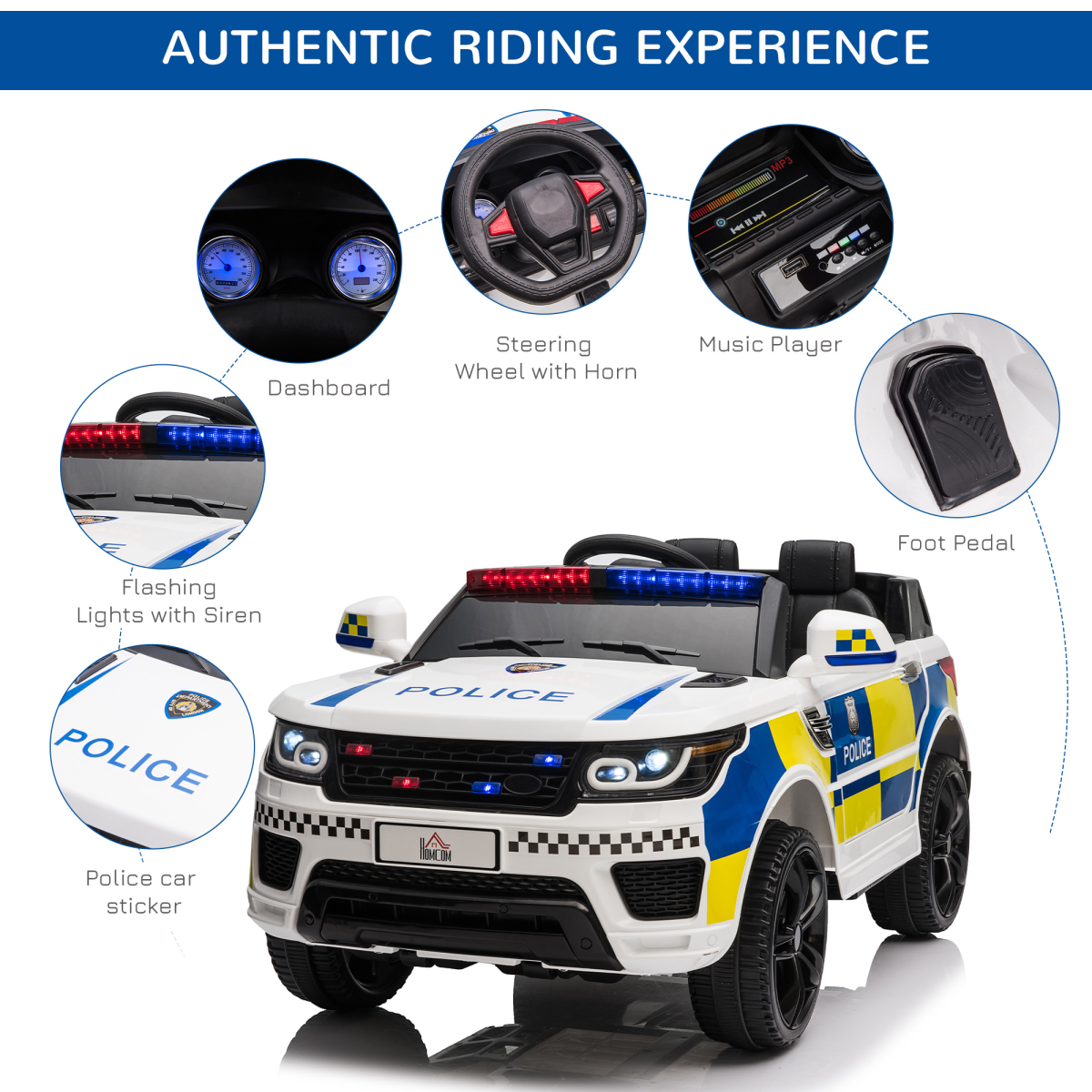 12V Kids Electric Ride On Police Car with Remote Control, Siren, Bluetooth, Lights, 3-6 Years
