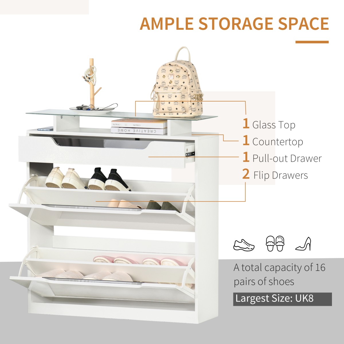 HOMCOM Shoe Cabinet with 2 Flip Doors, Drawer & Glass Top, White