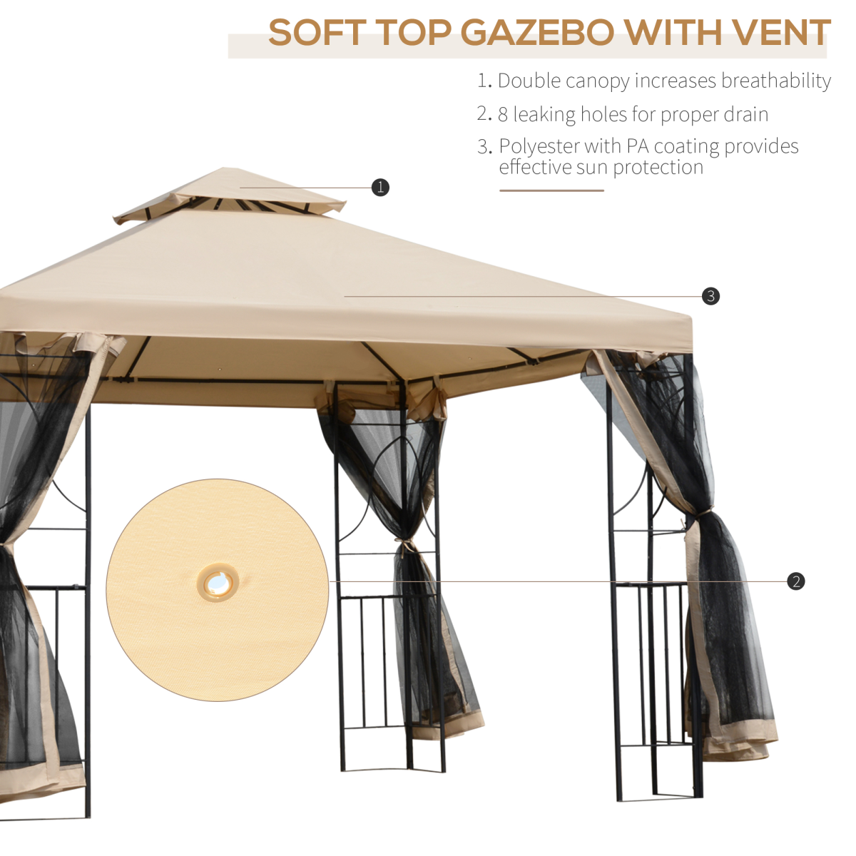 Outsunny 3x3m Outdoor Gazebo Tent with Netting, 2-Tier Roof