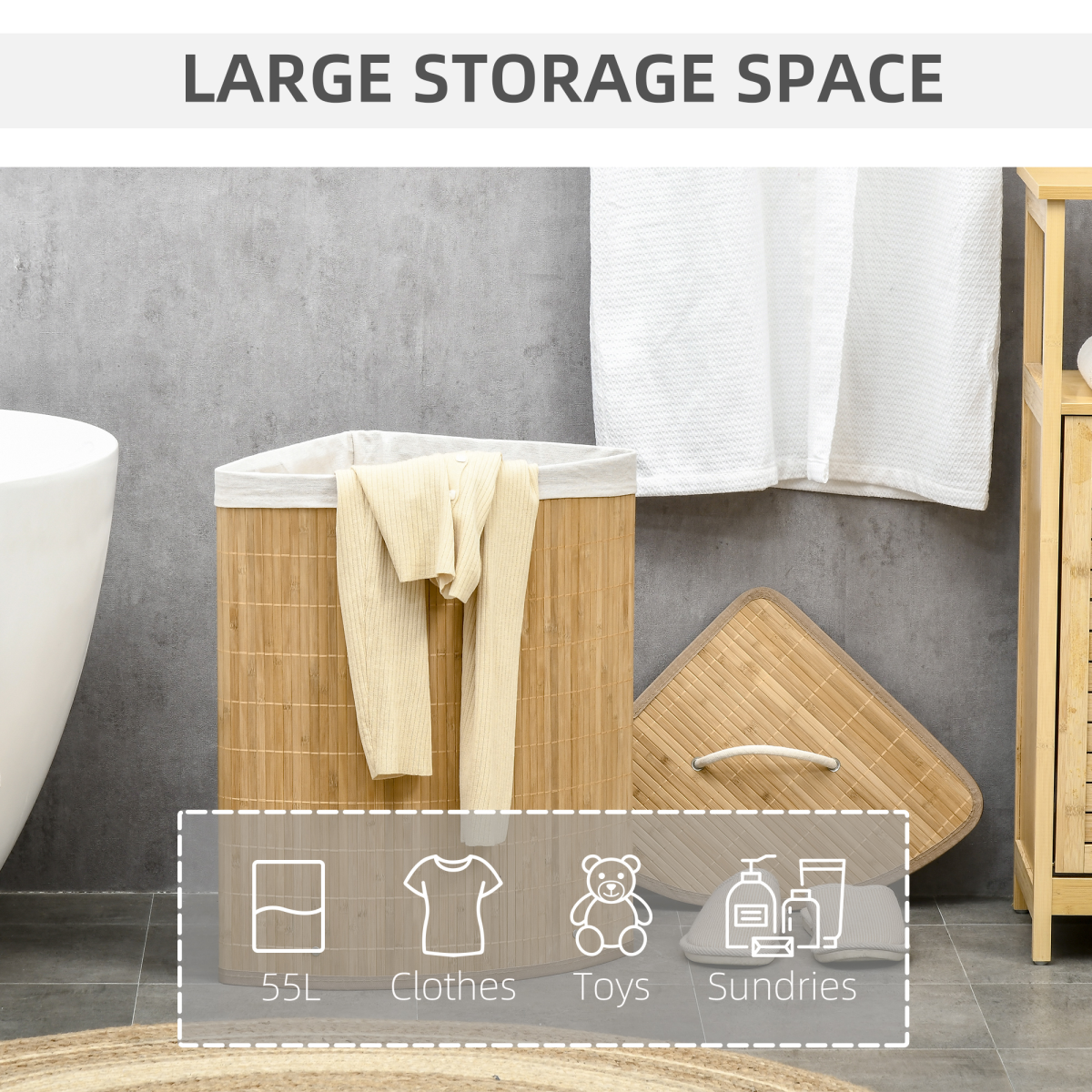 55L Bamboo Corner Laundry Hamper with Lid, 38 x 38 x 57cm, Side Handles, Unbranded