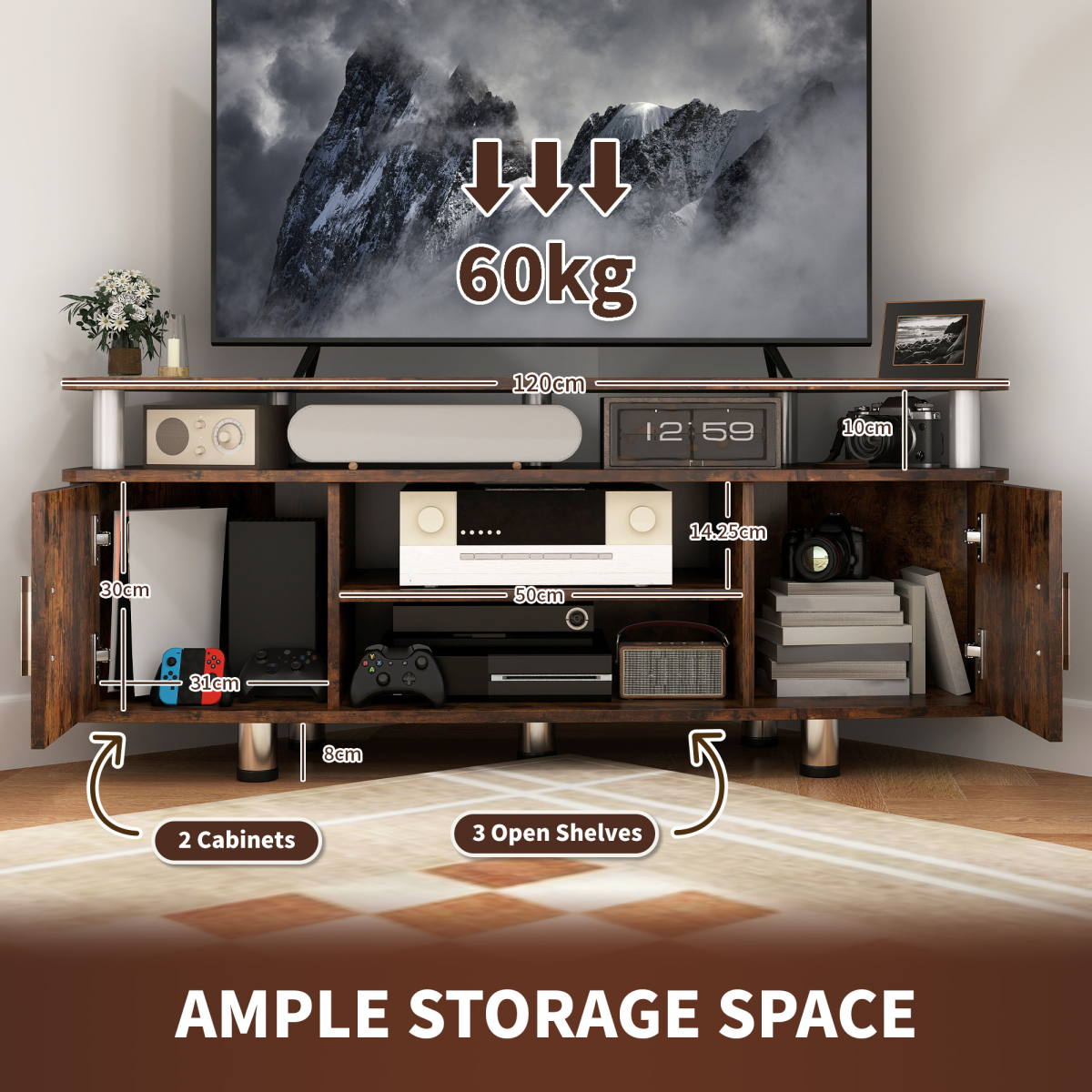 HOMCOM Rustic Brown TV Unit Cabinet with 2 Cupboards & Shelves