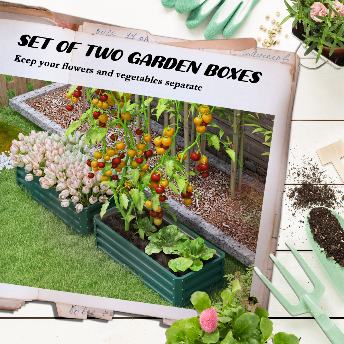 Outsunny Set of 2 Green Galvanised Steel Raised Garden Bed Planter Boxes