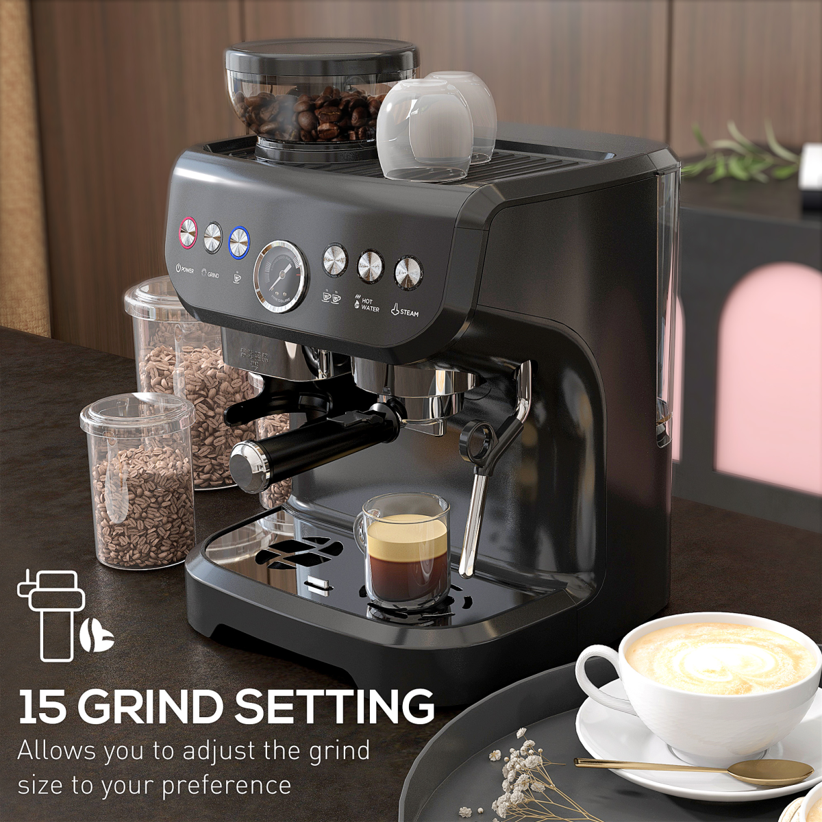 HOMCOM Espresso Machine with Integrated Grinder & Steam Wand, 15 Bar