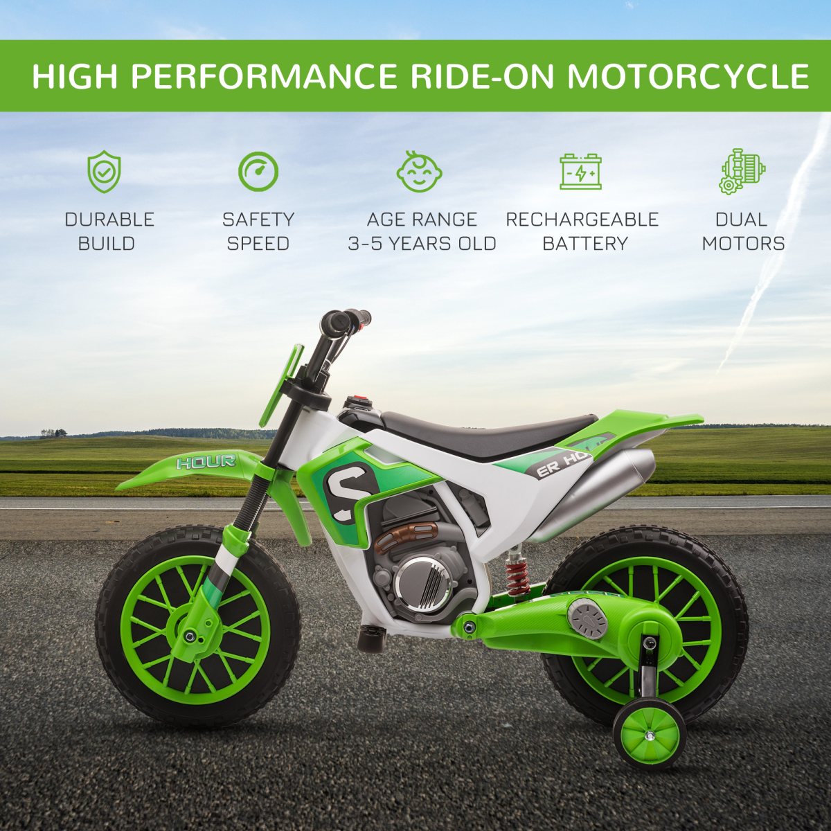 HOMCOM 12V Kids Electric Motorbike Ride-On Motorcycle with Training Wheels, 2 Speeds, Green