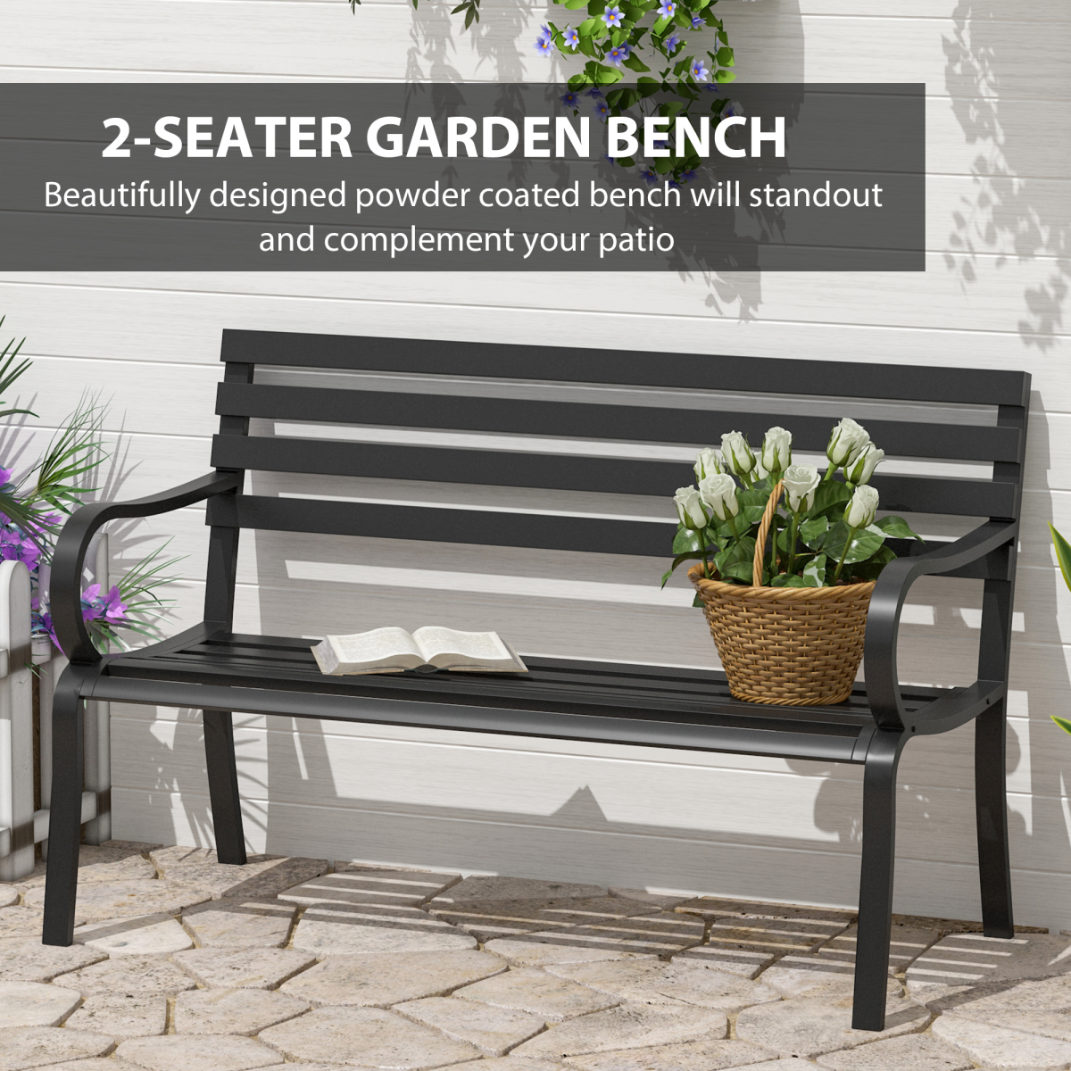 Outsunny 2-Seater Outdoor Steel Garden Bench with Armrests