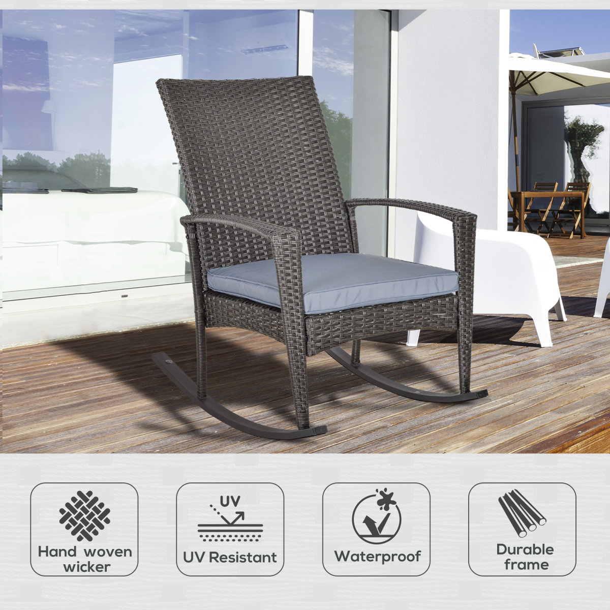 Outsunny Grey PE Rattan Outdoor Rocking Garden Chair with Cushion