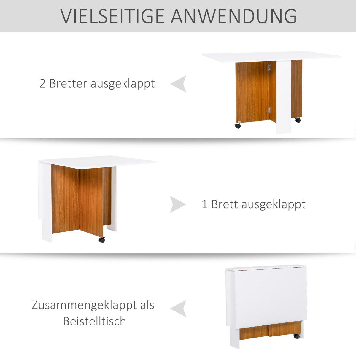 HOMCOM Folding Drop Leaf Dining Table and Writing Desk with Casters, Teak/White