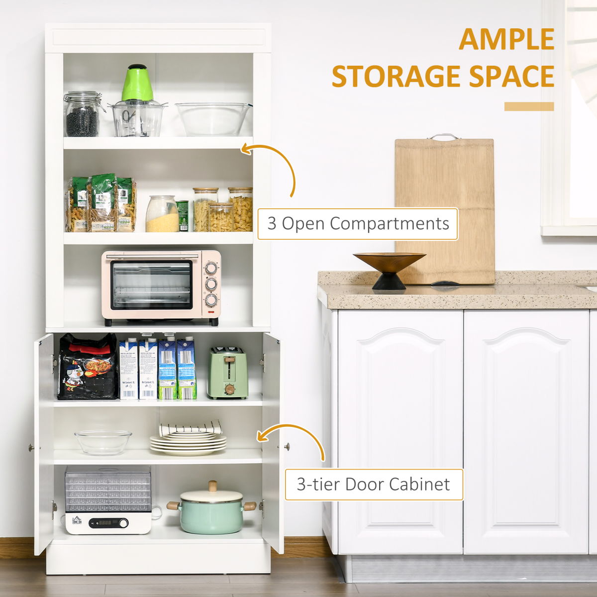 HOMCOM White Kitchen Cupboard with 6-Tier Shelving, Double Door Sideboard