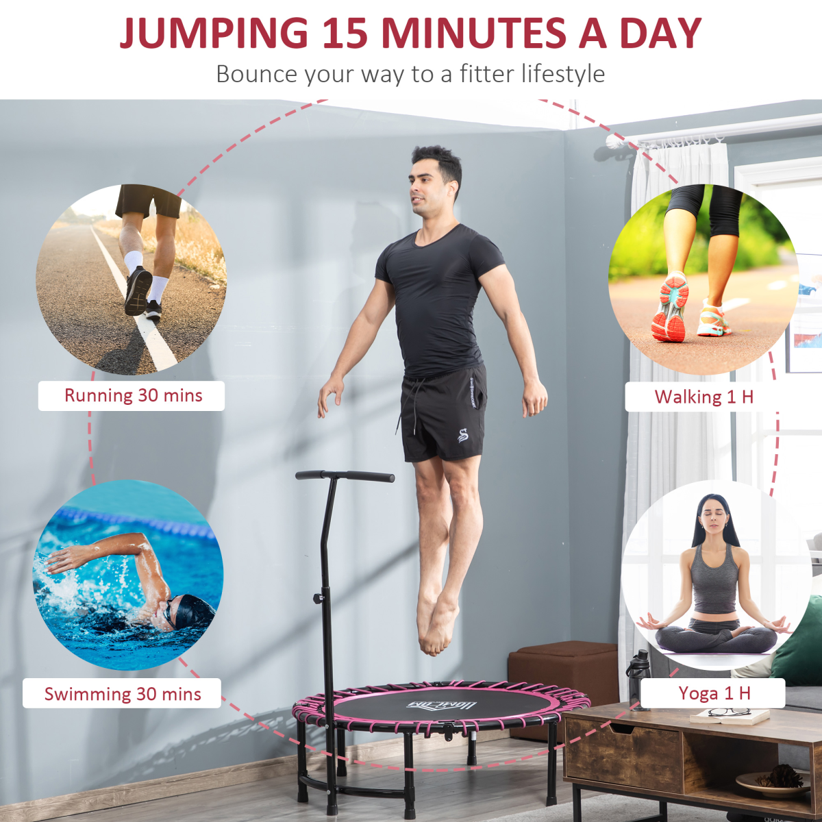HOMCOM Folding Fitness Trampoline with Adjustable T-Bar Handle, Indoor and Outdoor Mini Rebounder, Steel Frame, 100kg Max Load