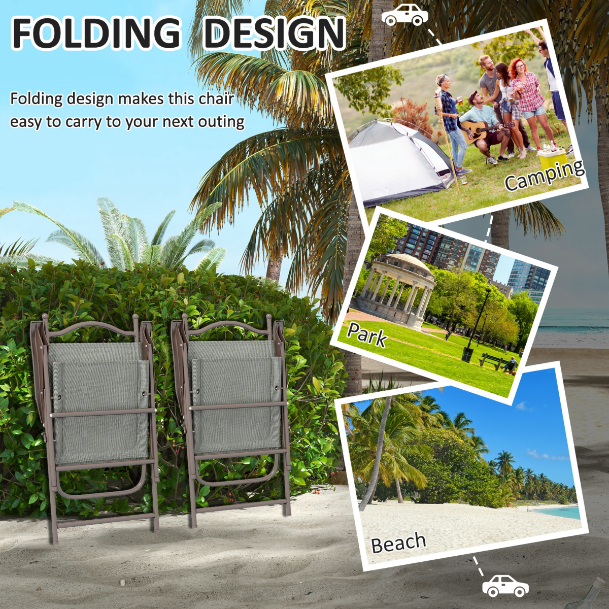 Outsunny Set of 2 Folding Chairs with Armrests, Breathable Mesh Seats, Dark Grey