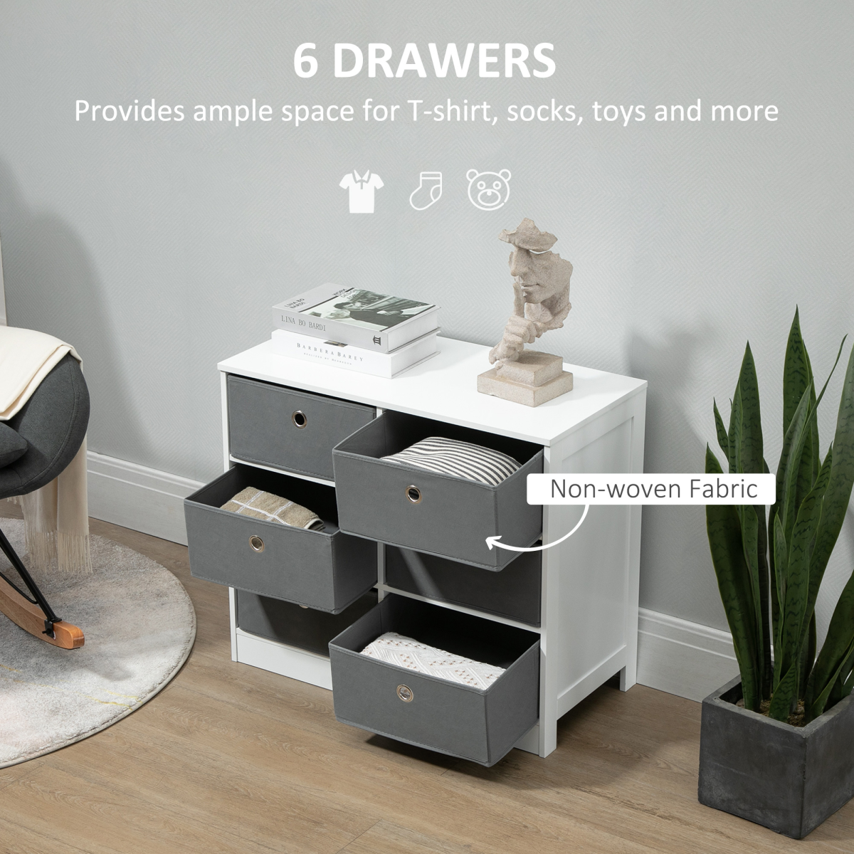 HOMCOM Fabric Dresser Storage Cabinet with 6 Drawers, White and Grey, Sturdy MDF Structure, Flat Top Storage?