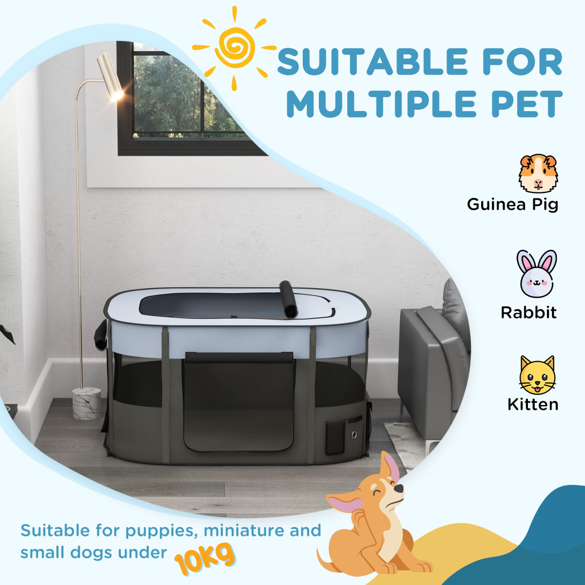 PawHut Foldable Portable Pet Pen with Mesh Windows, Grey