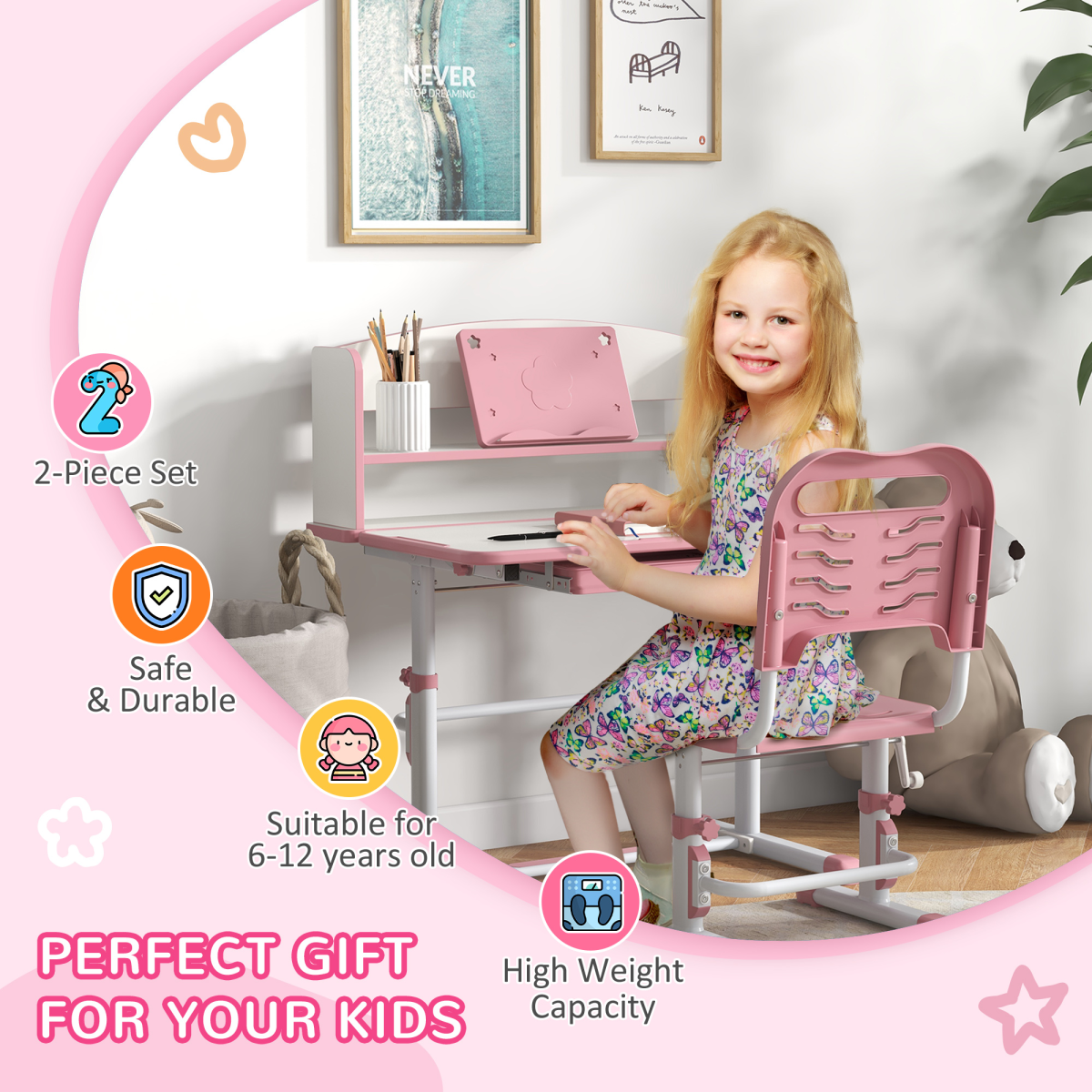 ZONEKIZ Adjustable Kids Desk and Chair Set with Drawer, Bookshelf, Pink