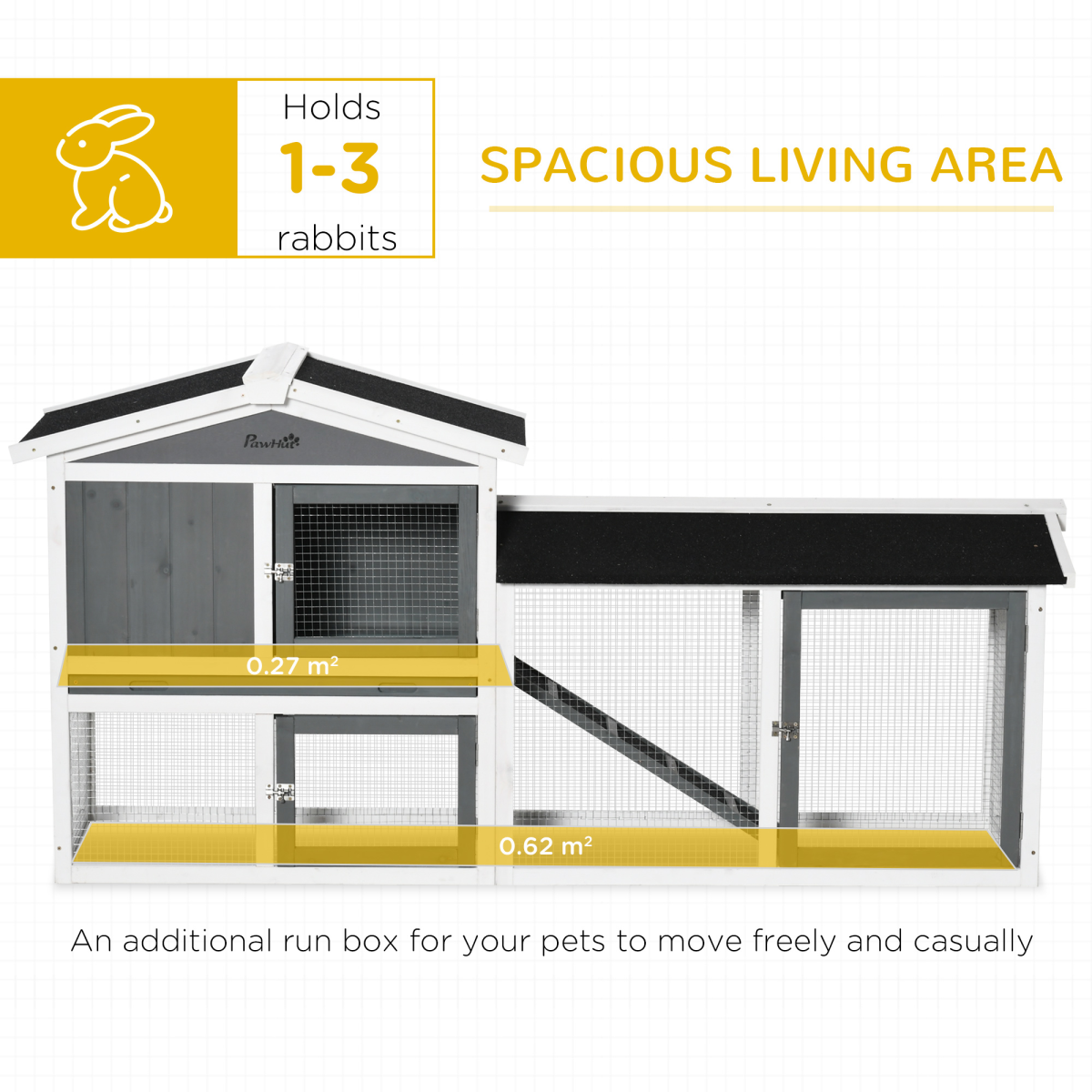 PawHut Two-Tier Wooden Rabbit Hutch with Run Box, Slide-Out Tray, Ramp, Outdoor Small Animal House