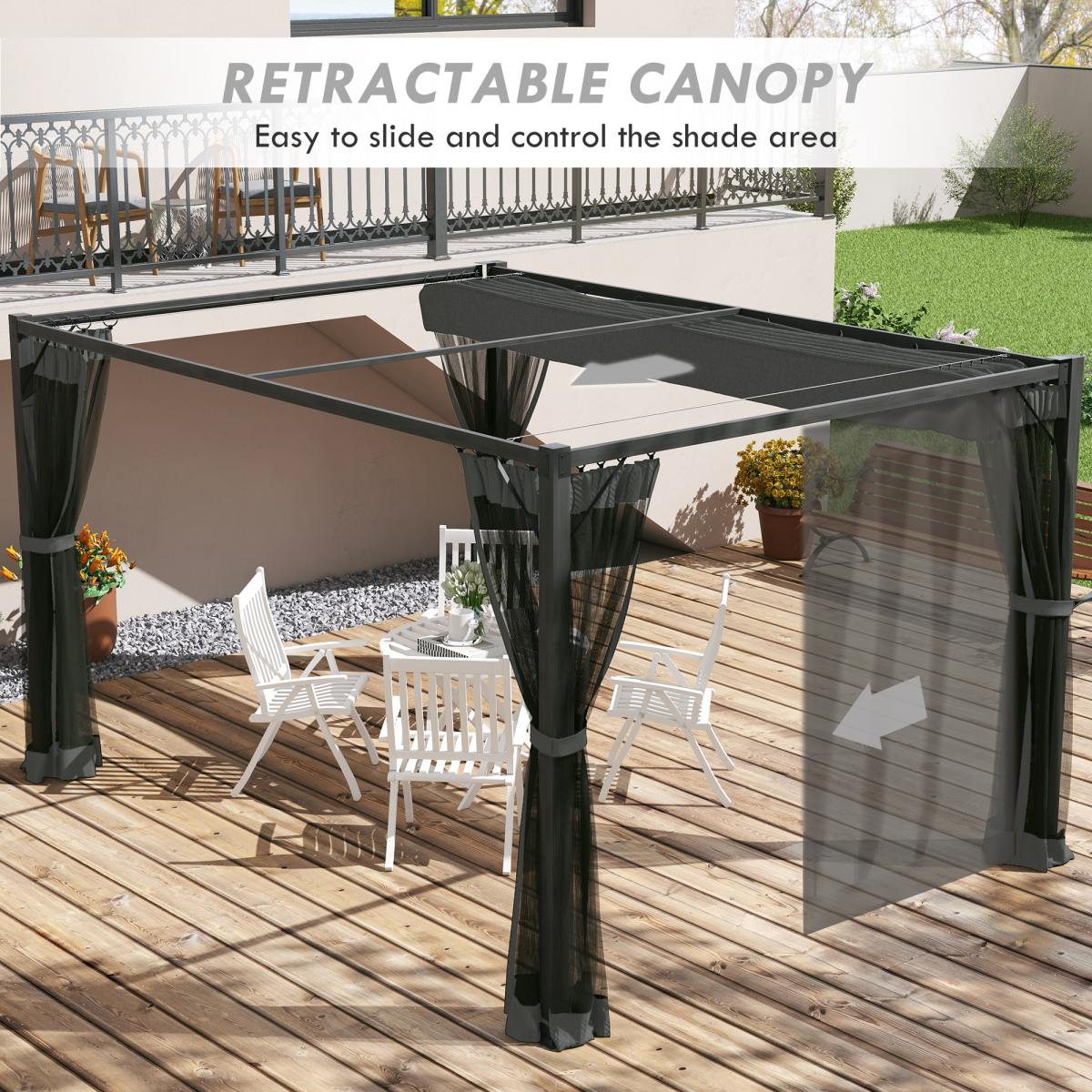 Outsunny 3 x 4m Dark Grey Pergola with Retractable Roof, Net Curtains and Aluminium Frame