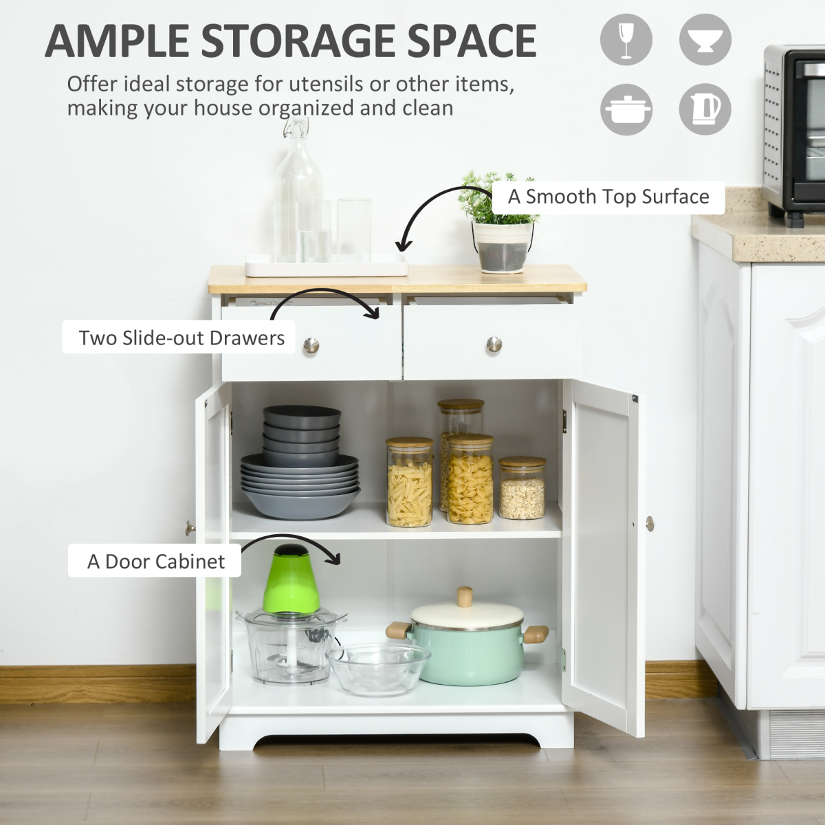 HOMCOM Kitchen Cupboard Side Cabinet Island with Adjustable Shelf, 2 Drawers, 2 Doors, MDF and Rubber Wood Top