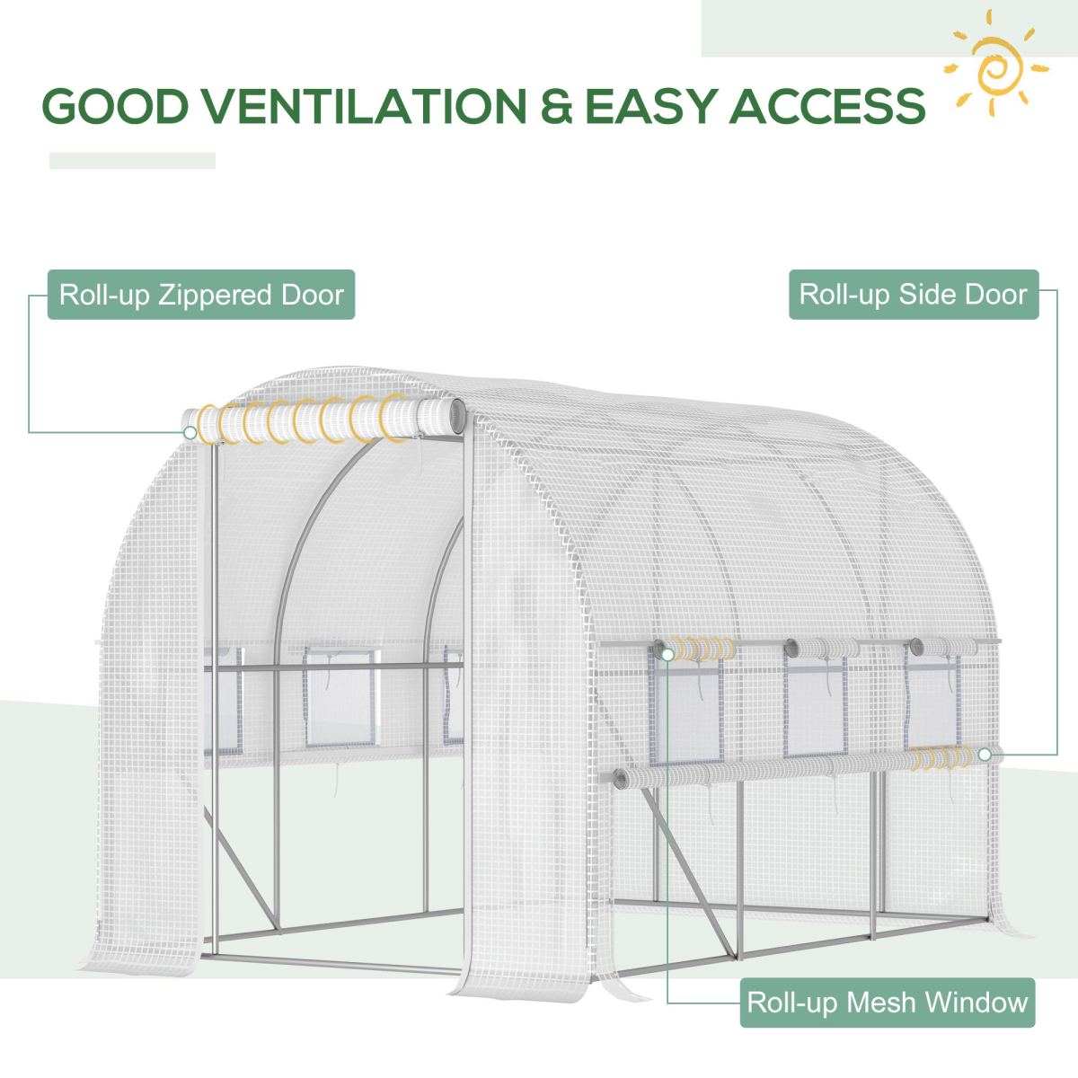 Outsunny Walk-In Backyard Greenhouse, 9.5 x 6.5 ft PE Polytunnel with Zippered Roll-Up Doors, White
