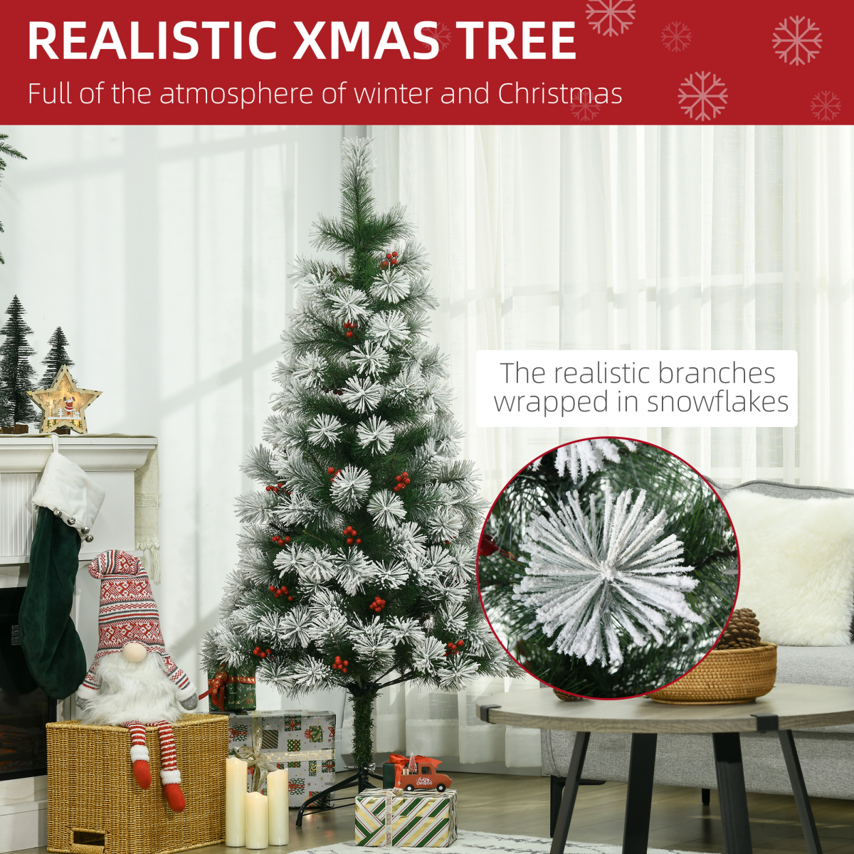 HOMCOM 5ft Indoor Artificial Christmas Tree, Emerald Green Spruce, Berry Decoration, 184 PET Tips, Metal Stand