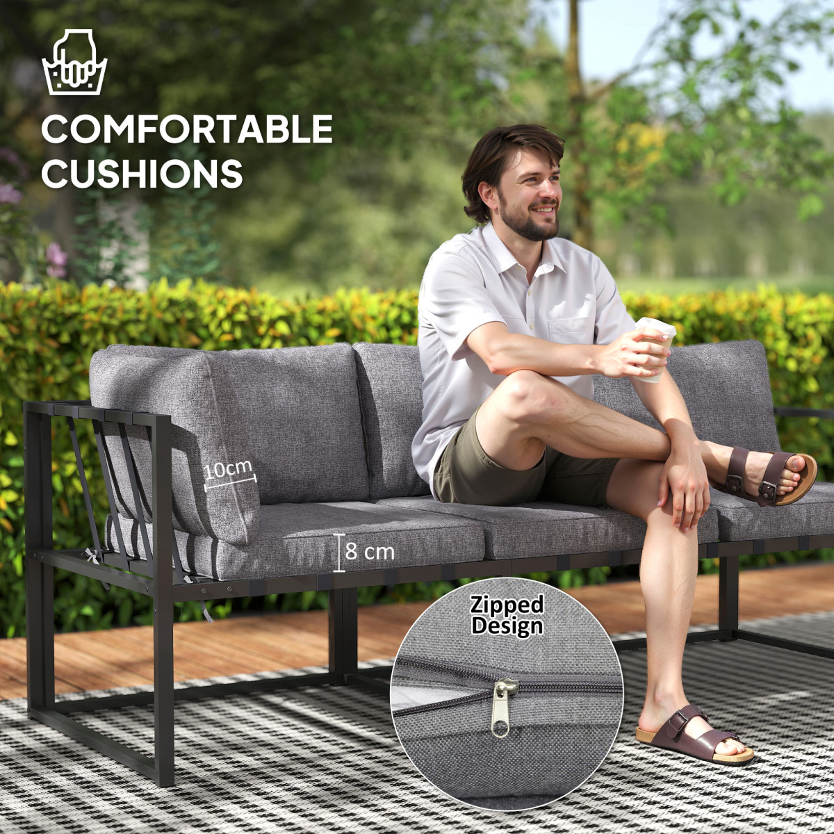 Outsunny 3-Piece Grey Garden Furniture Set with Cushions