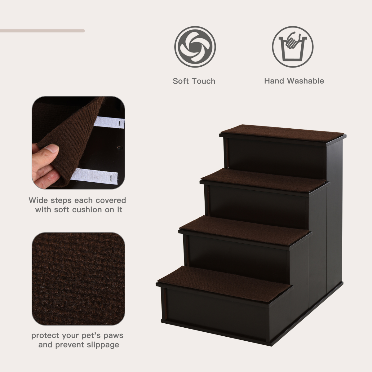 PawHut 4-Step Wooden Dog Stairs with Plush Cushion for Bed