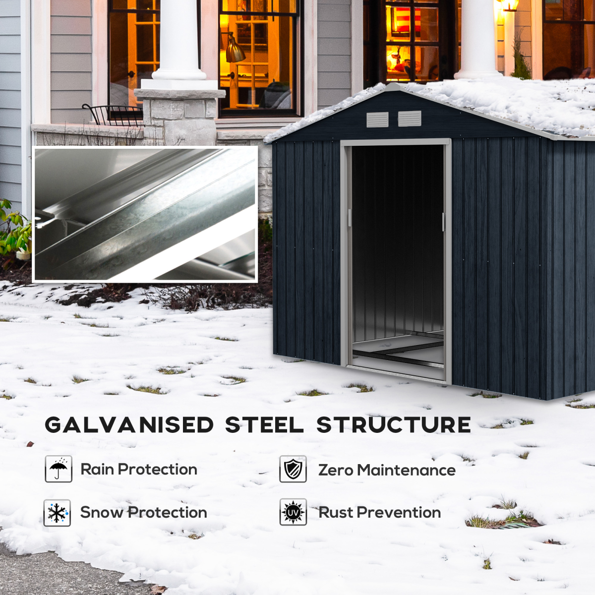Outsunny 9 x 6FT Galvanised Metal Garden Storage Shed with Floor Foundation, Ventilation and Sliding Double Doors, Dark Grey