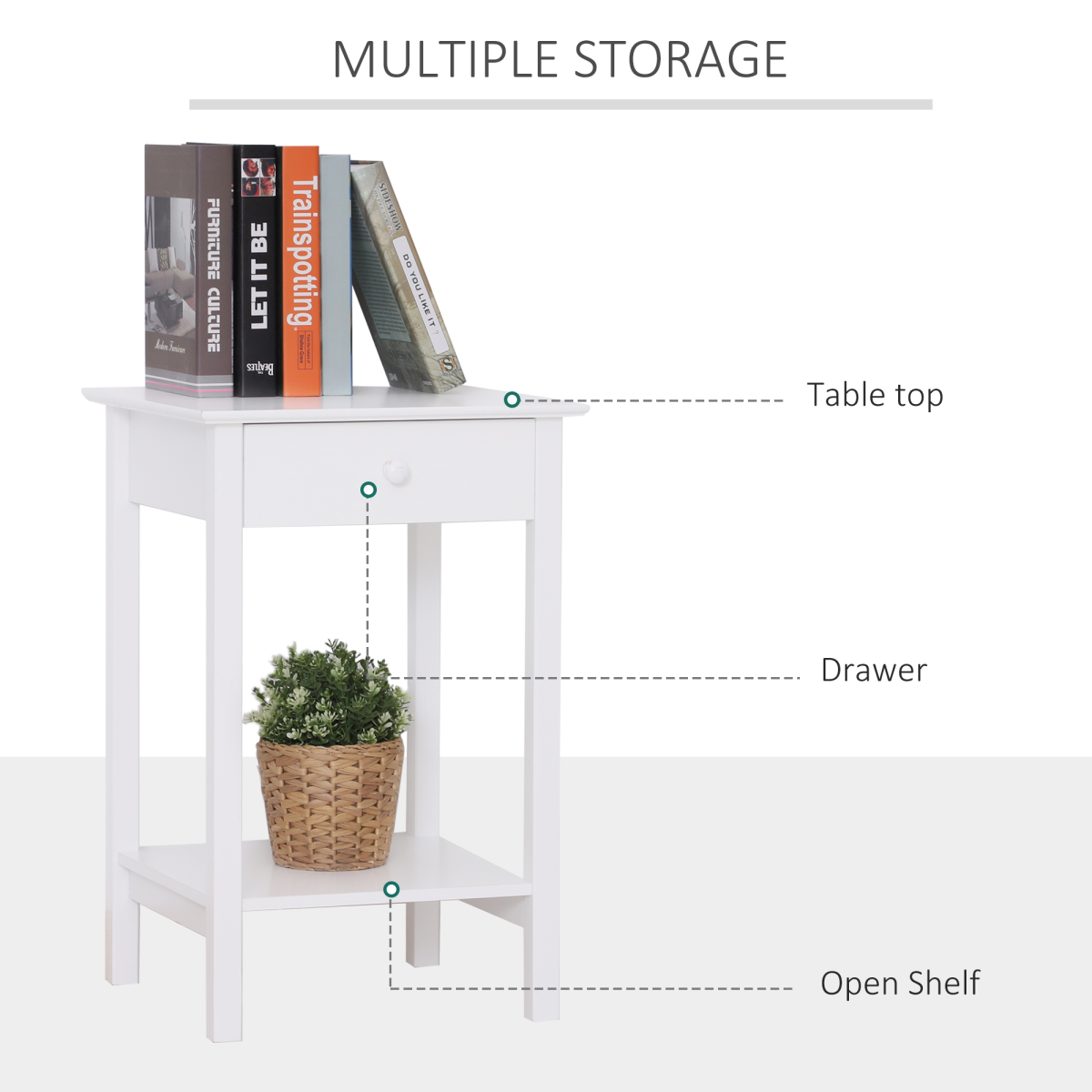 White Wooden Bedside Table with Drawer and Shelf Storage