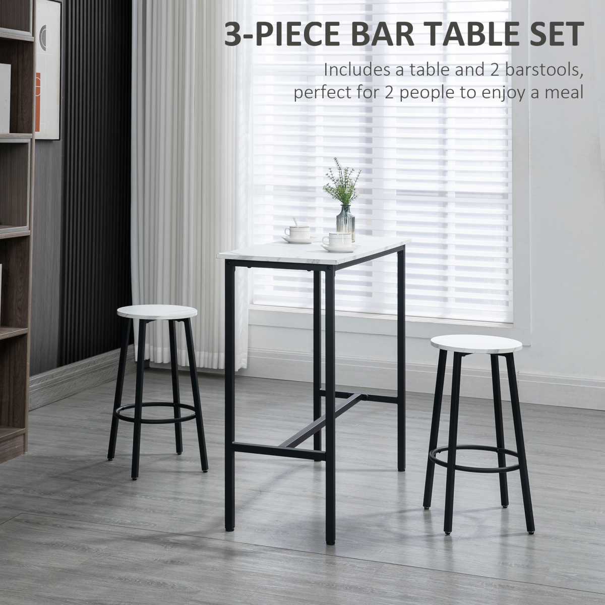 HOMCOM 3-Piece Bar Table Set for 2, Steel Frame, Footrest, White
