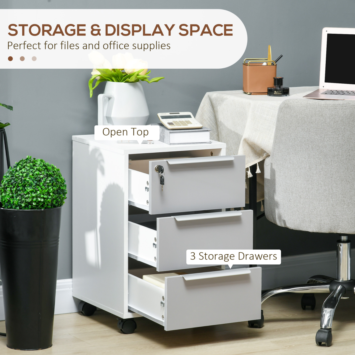 HOMCOM 3-Drawer Locking Mobile File Cabinet with Wheels