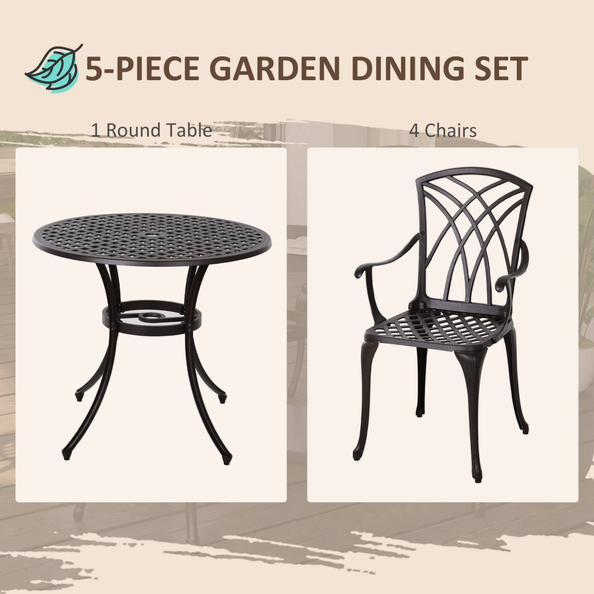 Outsunny 5-Piece Cast Aluminium Outdoor Garden Table and Chair Set Brown