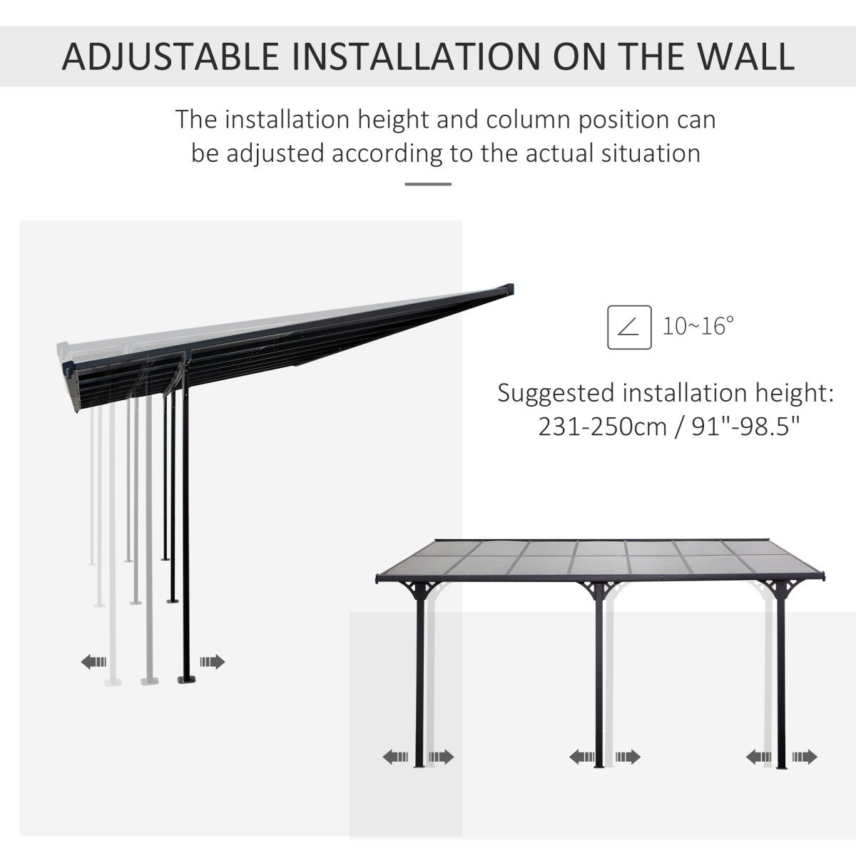Outsunny Wall-Mounted Aluminum Patio Gazebo Pergola with Polycarbonate Roof, 4.35 x 3 m