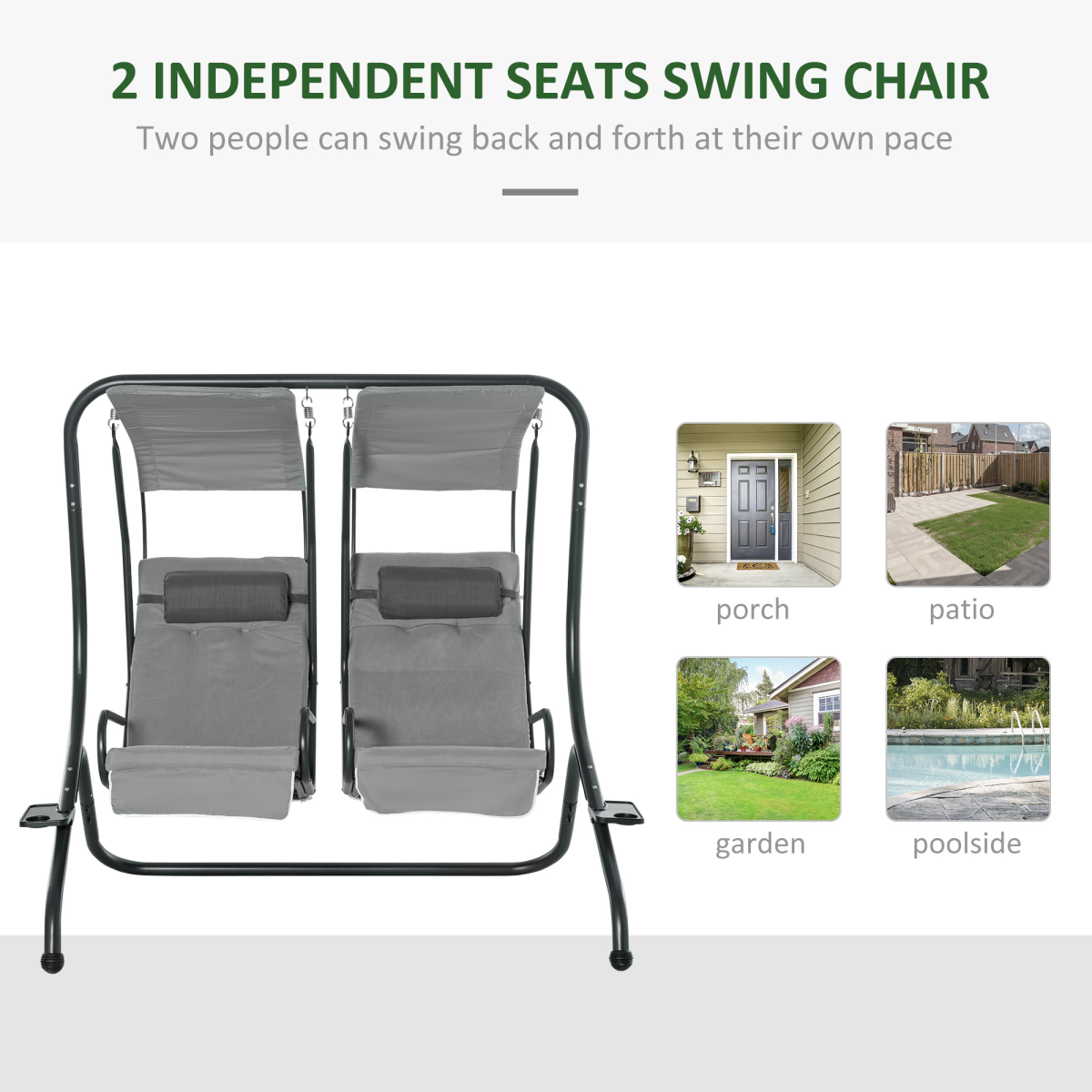 Outsunny Double Outdoor Swing Chair with 2 Independent Seats, Removable Canopy, Grey