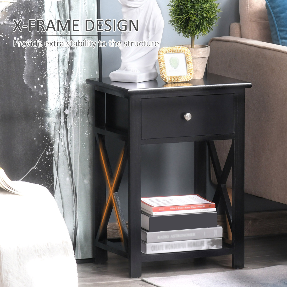 HOMCOM Black MDF 2-Tier Side Table with Drawer and Bottom Shelf
