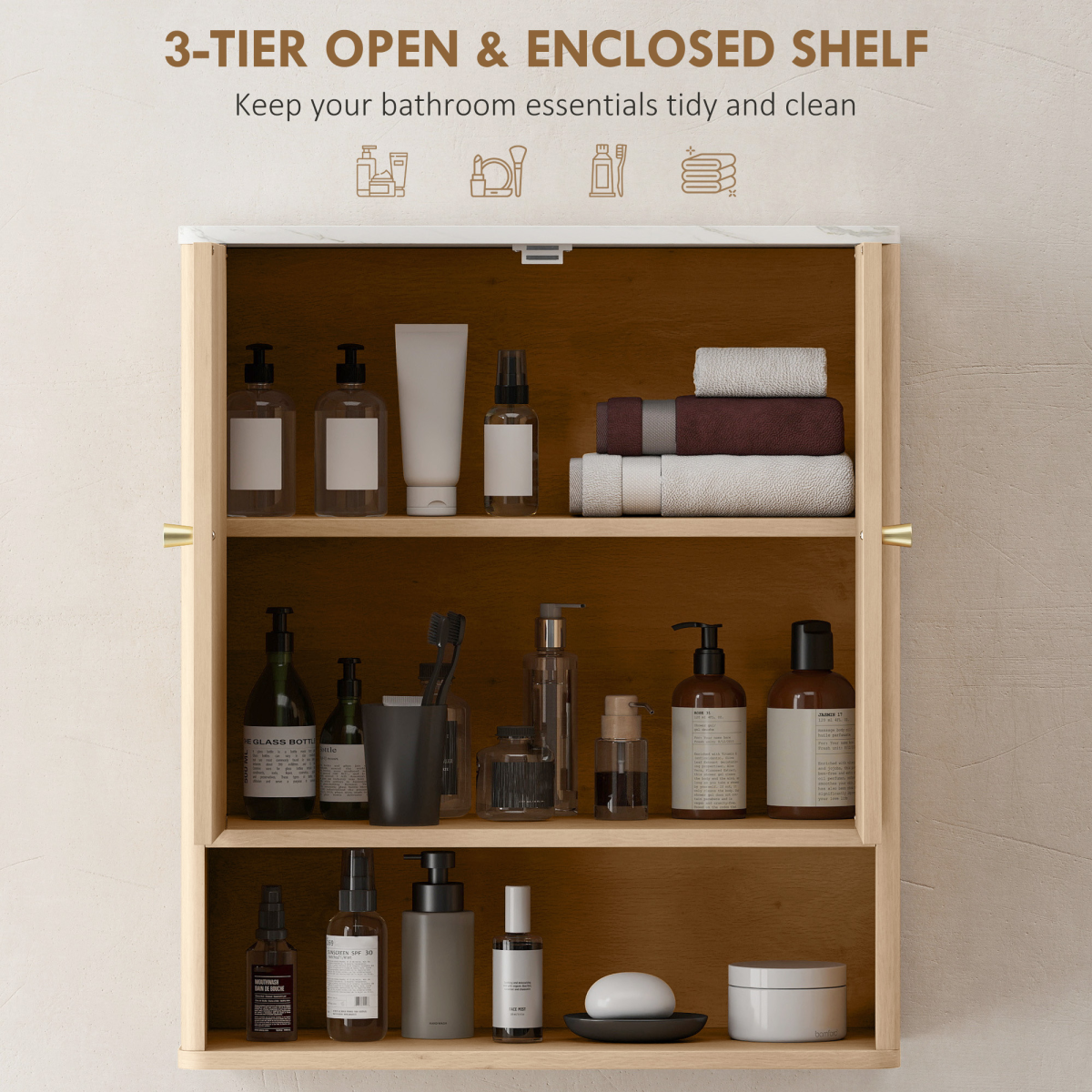 HOMCOM Bathroom Wall Cabinet with Adjustable Shelf, Open Shelf, Oak