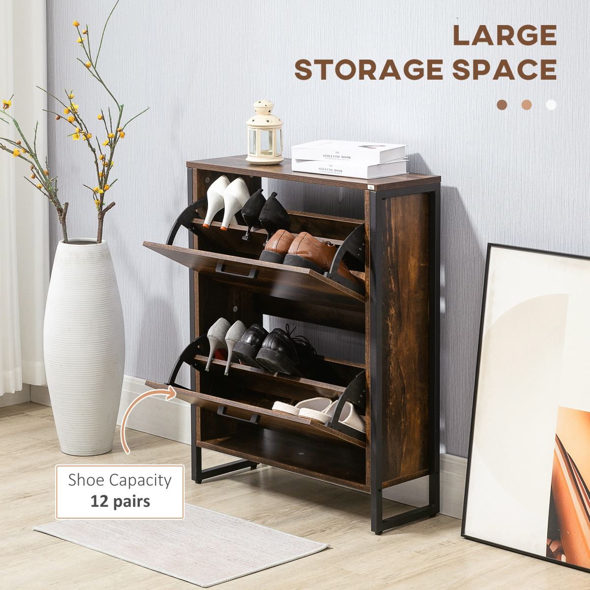 HOMCOM 2-Drawer Flip Shoe Cabinet with Divider, Wood-Effect