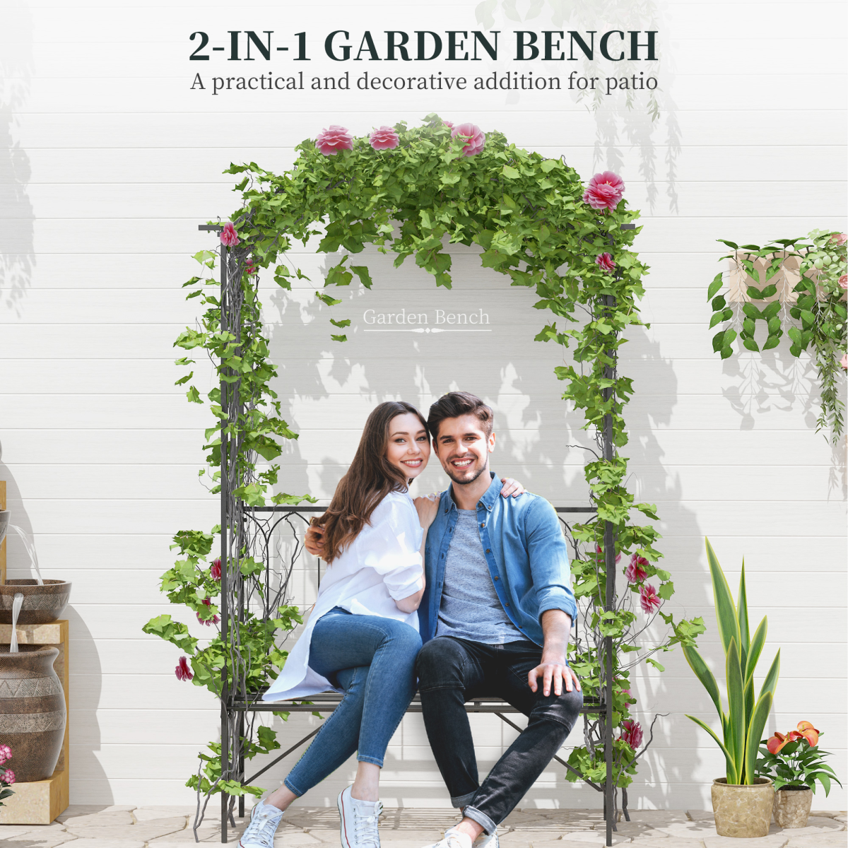 Black Metal Garden Arbour Bench Trellis for Climbing Plants