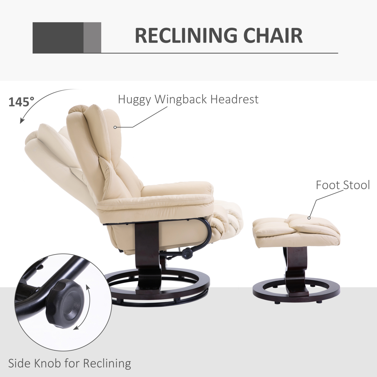 Cream PU Leather Swivel Recliner Armchair with Footstool