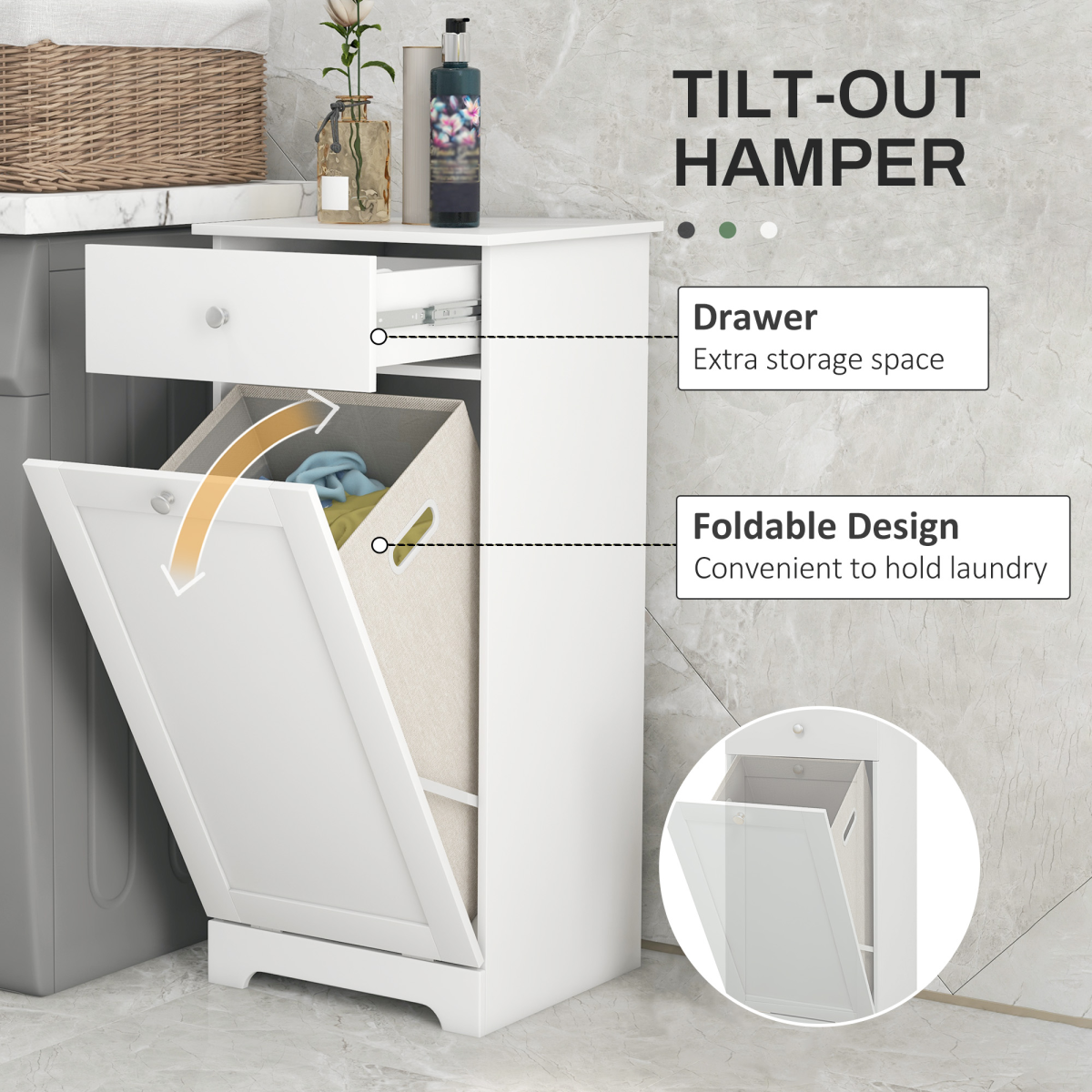 HOMCOM Bathroom Storage Cabinet with Hamper and Drawer, White