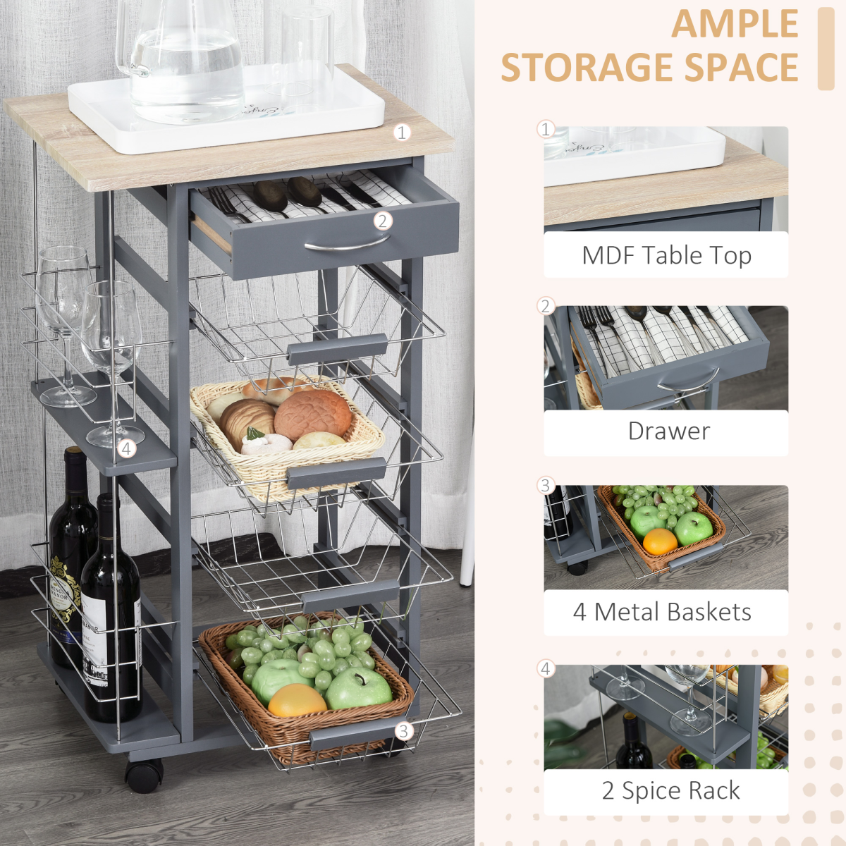 HOMCOM Kitchen Island Trolley on Wheels with Drawer, 4 Removable Metal Baskets, 2 Side Racks, Dark Grey