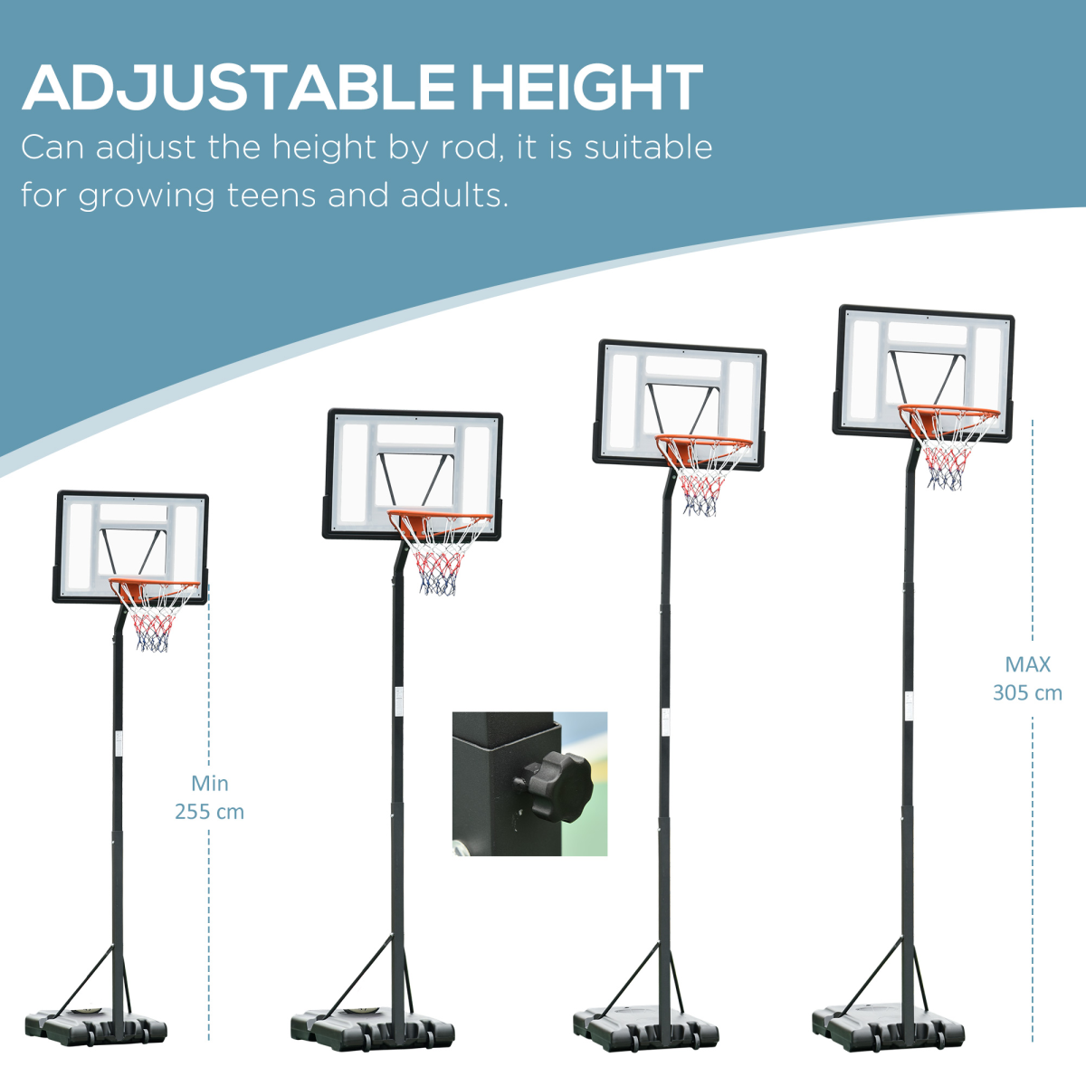 Freestanding Adjustable Basketball Hoop with Wheels, 255-305cm