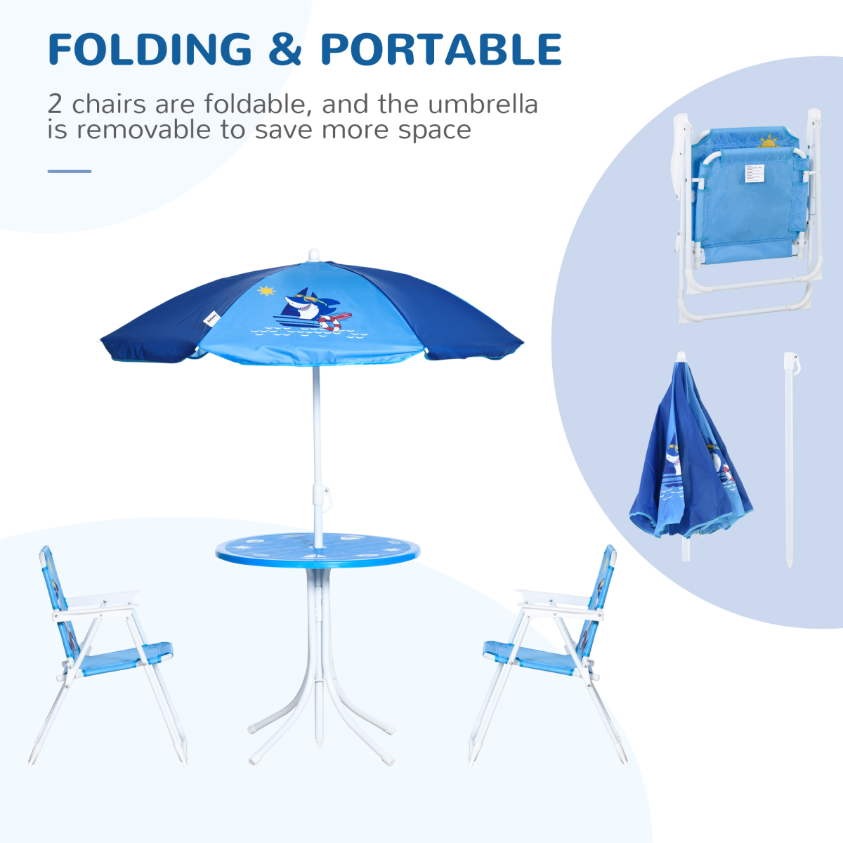 Kids Foldable 4-Piece Garden Set with Table, Chairs & Umbrella - Blue